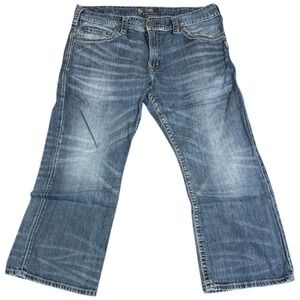 Silver Jeans ZAC Bootcut Jeans Men's 40x28 Thick‎ Stitch Blue Denim Distressed
